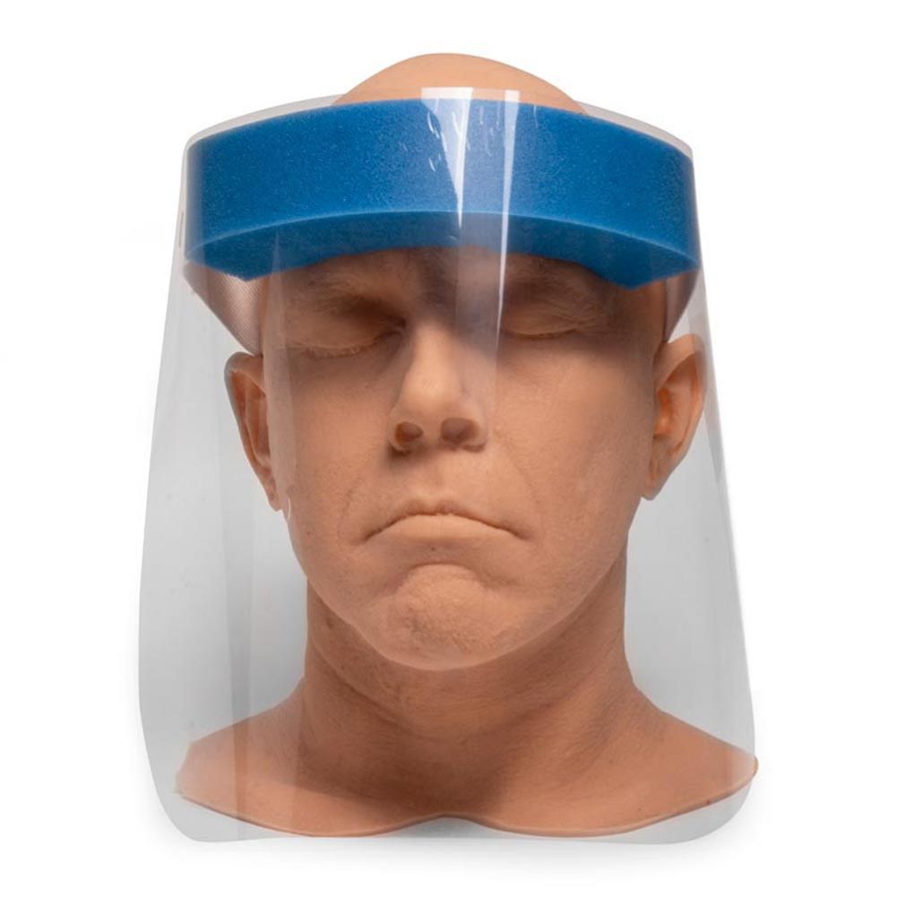 Disposable face shield on molding of tattoo artist Jesse Smith's head