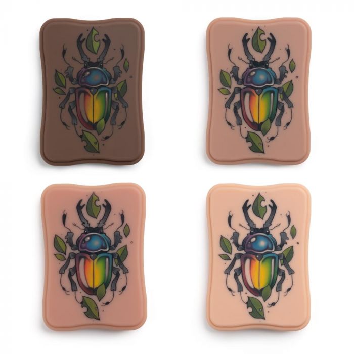 A Pound of Flesh tattooable Micro series practice skins featuring a new school beetle tattoo on 4 Fitzpatrick skin tones