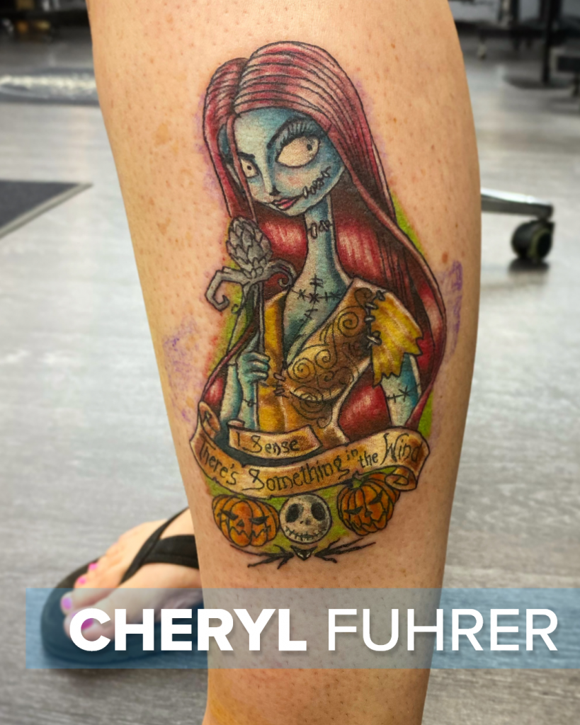 Sally from Nightmare Before Christmas tattoo by transgender bisexual tattoo artist, Cheryl Fuhrer