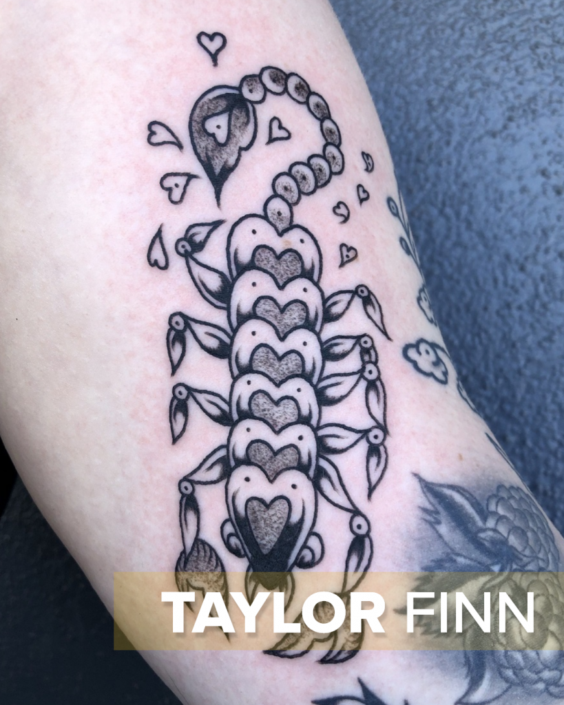 Scorpion tattoo by lesbian tatto artist, Taylor Finn