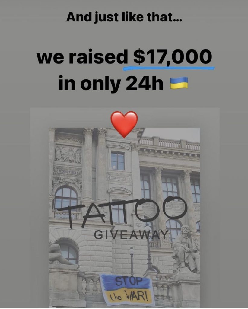 Screenshot of Trudy Lines's giveaway completion post, where she announces she raised $17,000 dollars for Ukraine relief. The picture says "Tattoo Giveaway." 