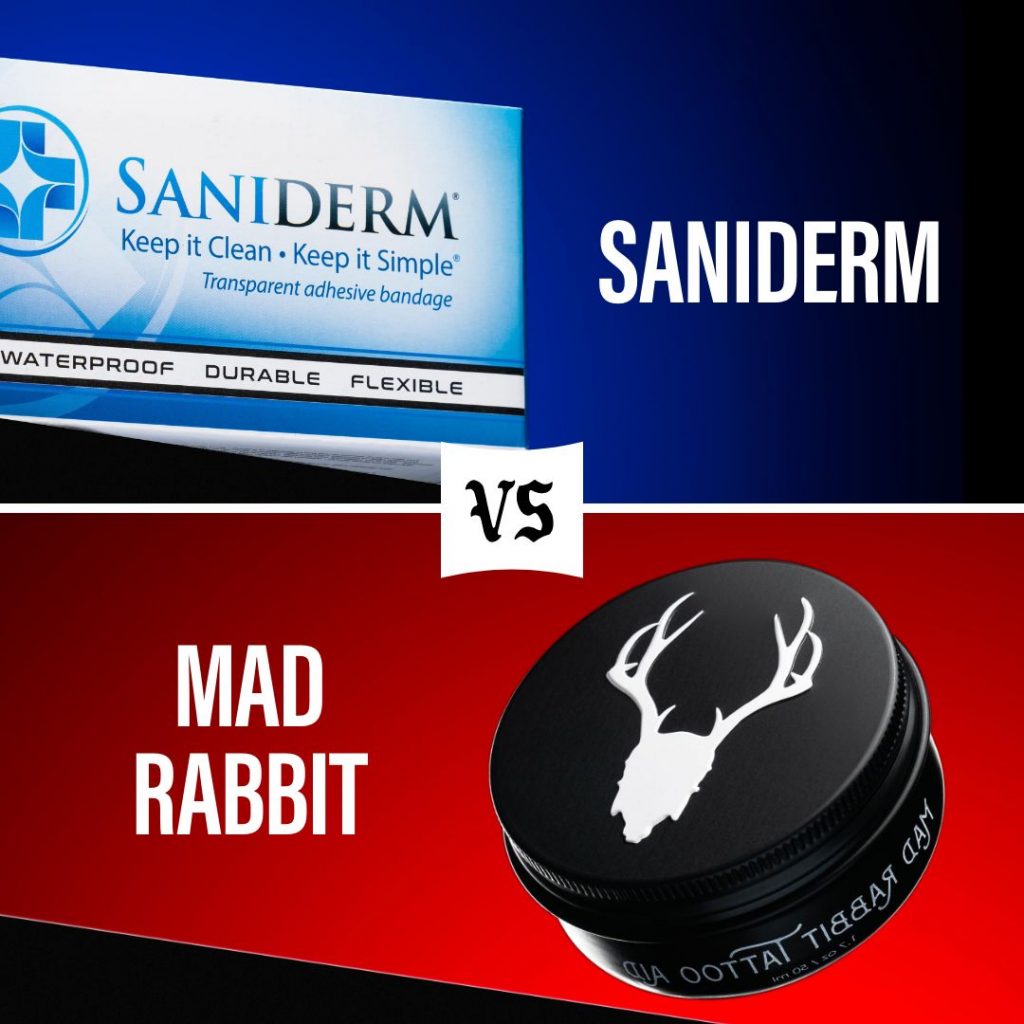 One box of Saniderm tattoo aftercare on a blue background overtop one tub of Mad Rabbit tattoo aftercare balm on a red background