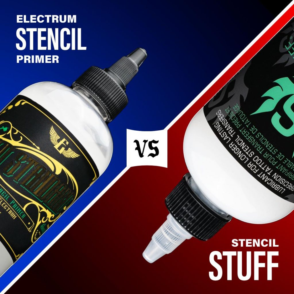 One bottle of Electrum Stencil Primer with a blue background next to one bottle of Stencil Stuff with a red background