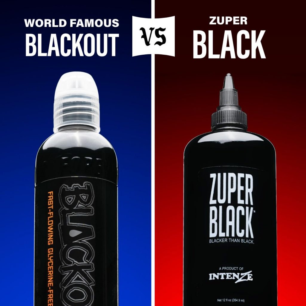 Bottle of World Famous Blackout Ink standing upright against a blue background next to bottle of Zuper Black Ink by Intenze against a red background
