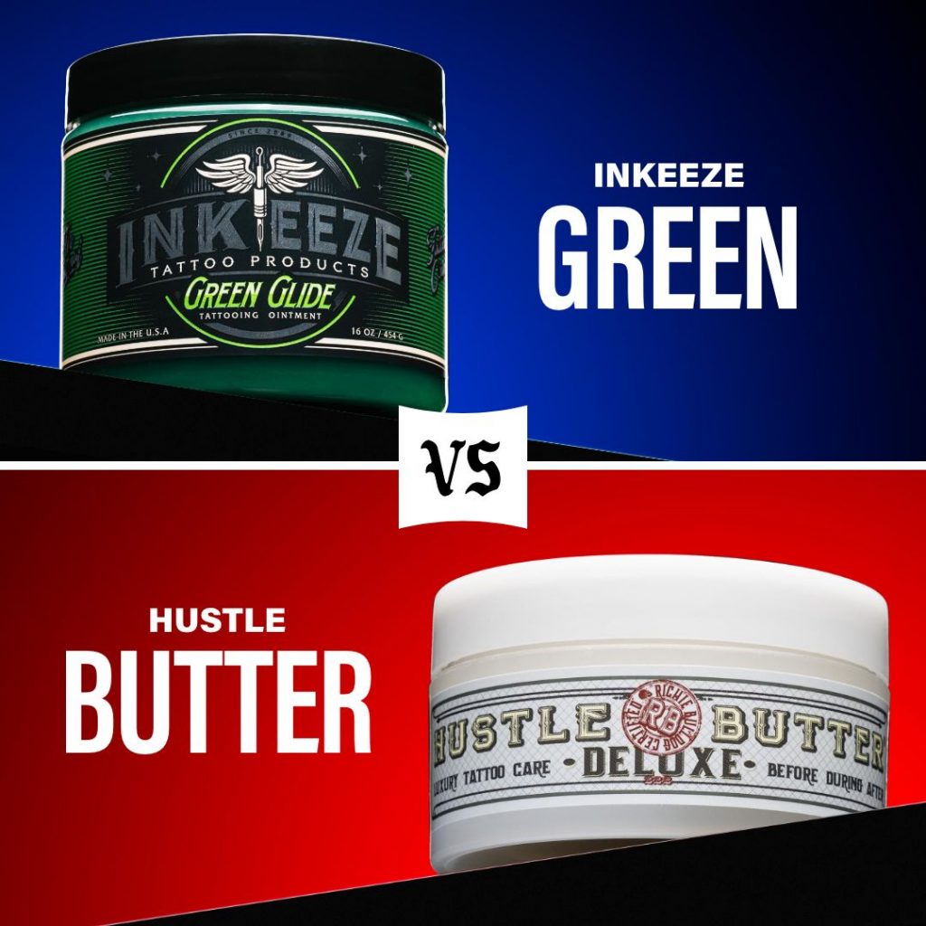 One tub of INKEEZE Green Glide with a blue background over top one tub of Hustle Butter by Richie Bulldog with a red background