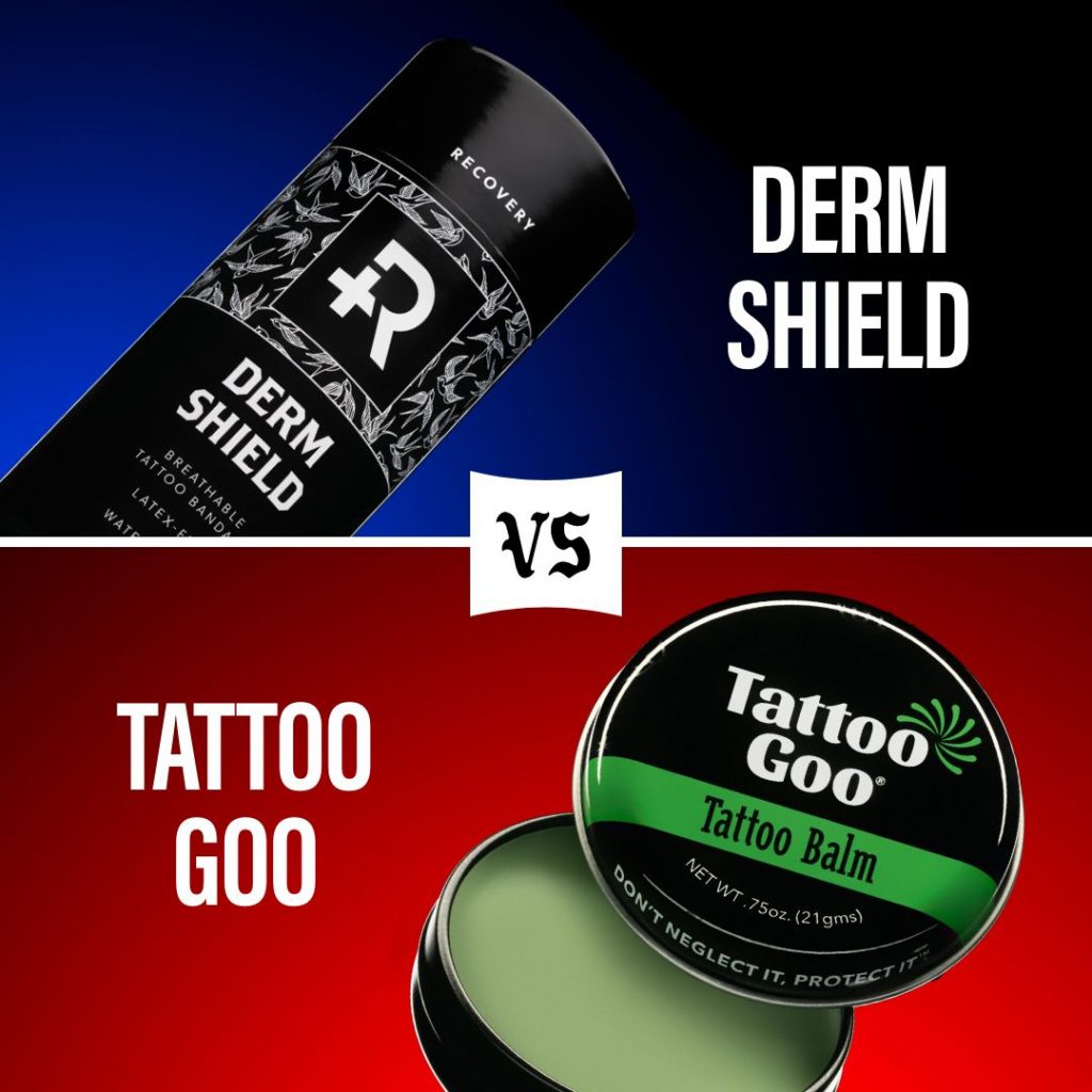 One roll of Recovery Derm Shield aftercare bandages on a blue background over top one opened tub of Tattoo Goo aftercare balm on a red background