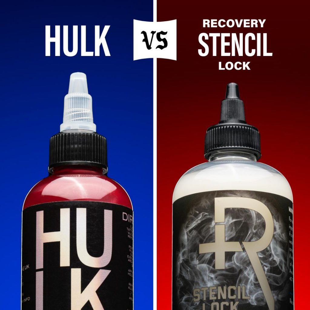 One bottle of Hulk Stencil Bond on a blue background next to one bottle of Recovery Stencil Lock on a red background