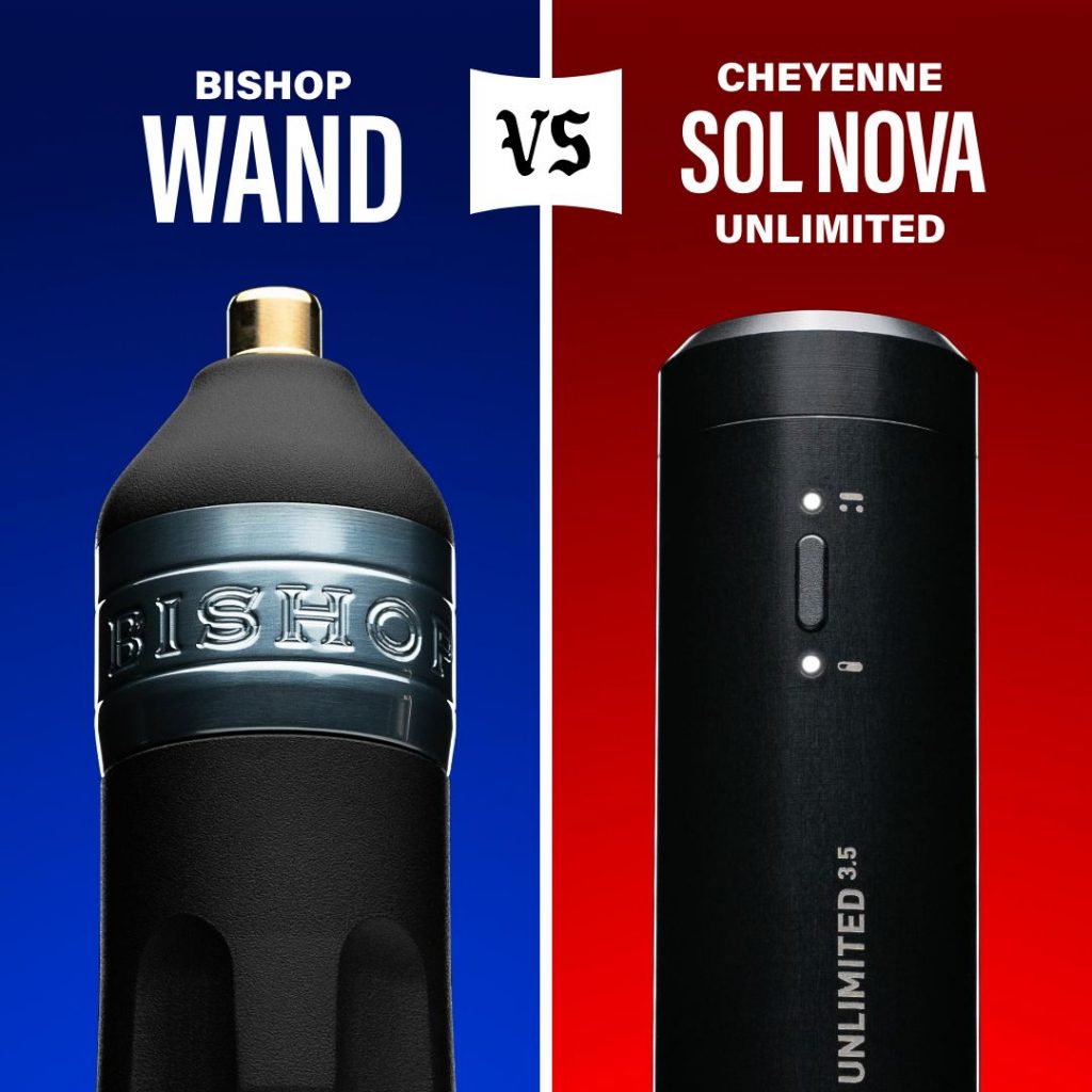 Picture of Bishop Wand standing upright on the left with a blue background versus picture of the Cheyenne Sol Nova wireless tattoo machine standing upright on the right with a red background