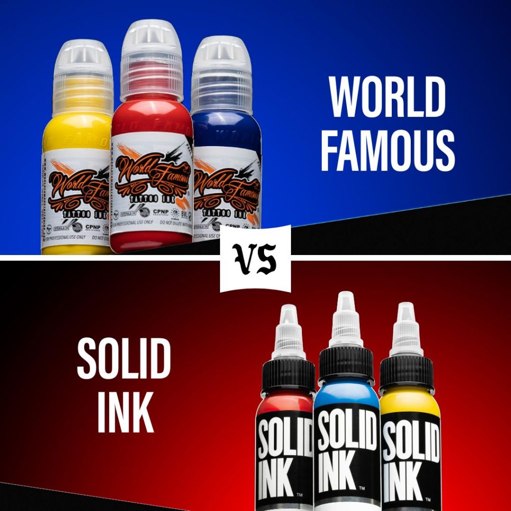 Three 2oz bottles of World Famous Ink at the top of the image with a blue background overtop three 2oz bottles of Solid Ink on the bottom of the image with a red background