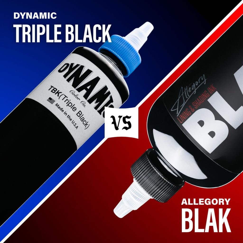 One bottle of Dynamic Triple Black with a blue background next to one bottle of Allegory Blak with a red background
