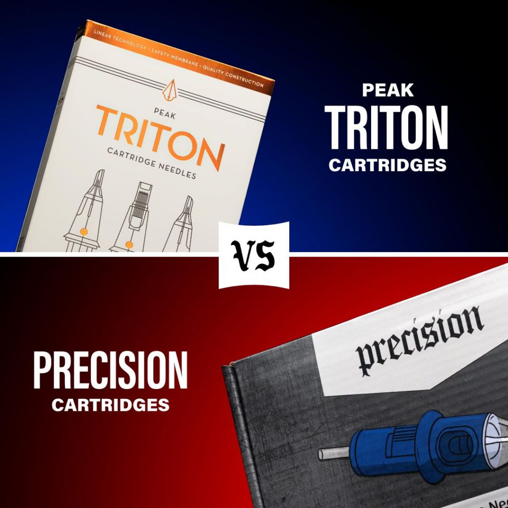 Box of Peak Triton cartridge needles with a blue background overtop box of Precision cartridge needles with a red background