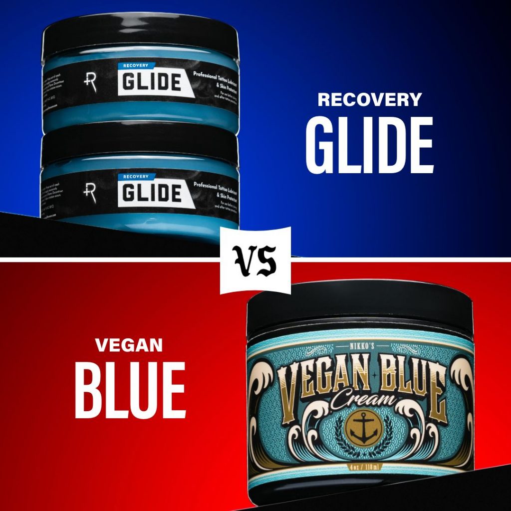 Two tubs of Recovery Glide over a blue background over top one tub of Nikko Hurtado's Vegan Blue Cream over a red background