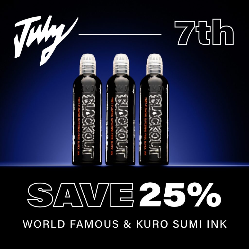 Shot of 3 bottles of World Famous Blackout Tattoo Ink with blue backdrop