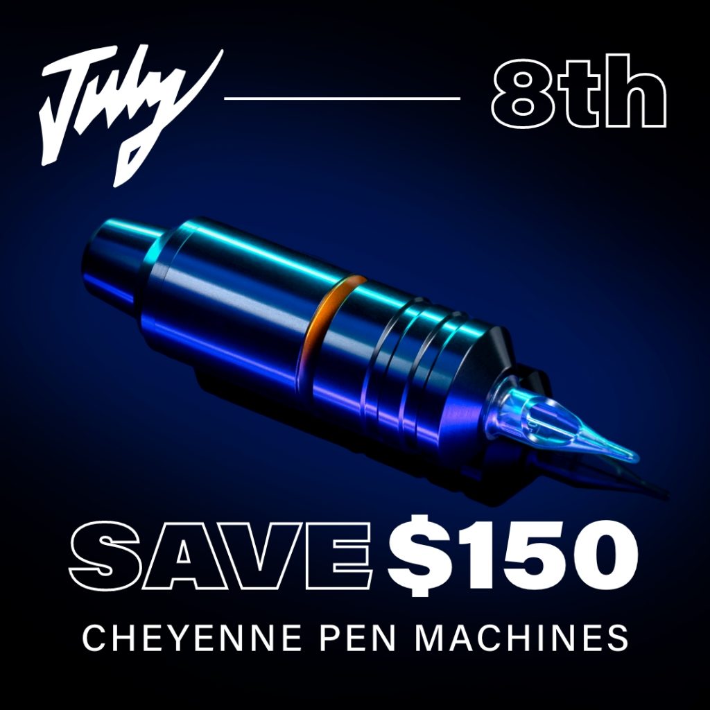 Shot of Cheyenne Sol Nova Unlimited tattoo machine with a blue backdrop