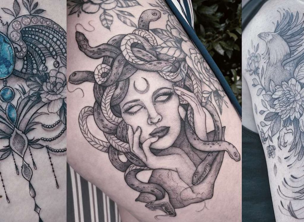 Black and gray Medusa tattoo by tattoo artist Casey Hart