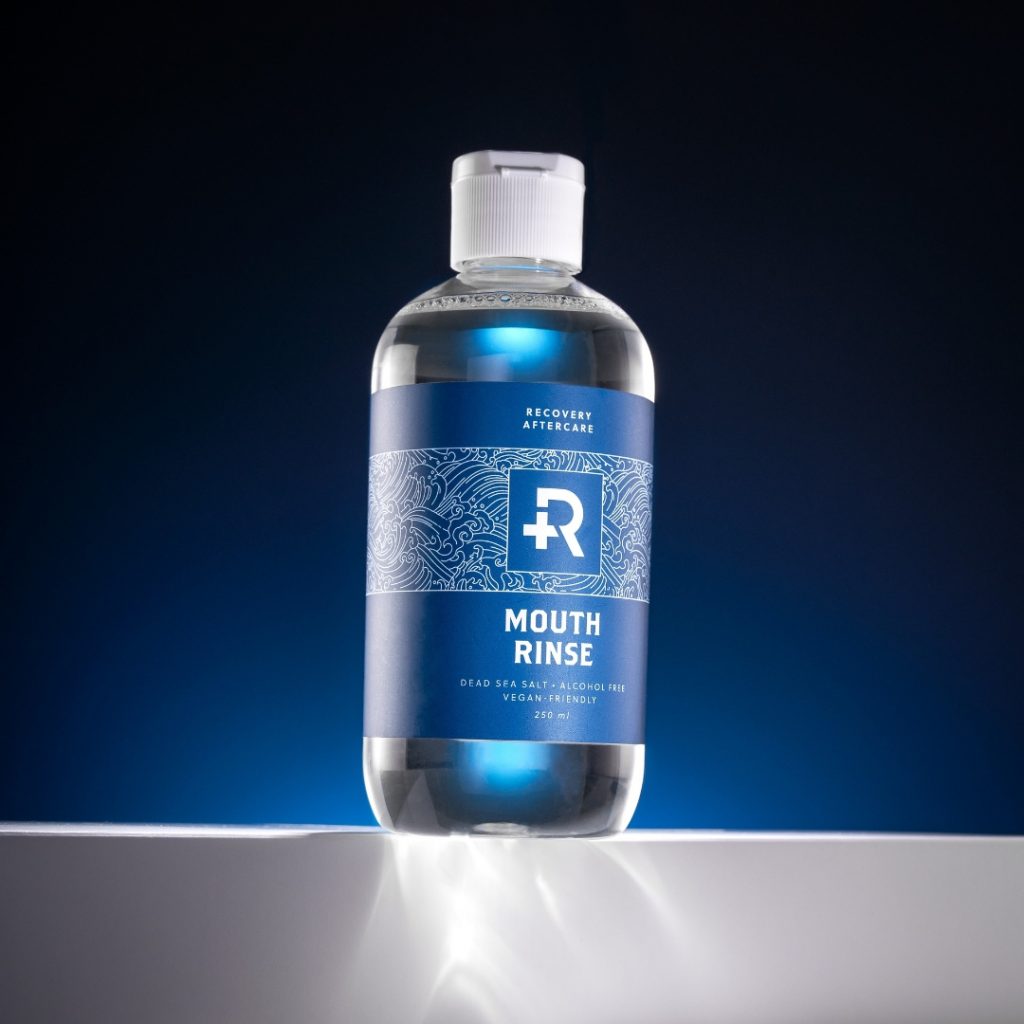 Bottle of Oral Rinse for treating tongue piercings