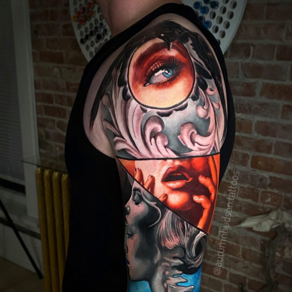 Tattoo client with upper shoulder tattoo including filigree, Marilyn Monroe's mouth, and a woman's eye