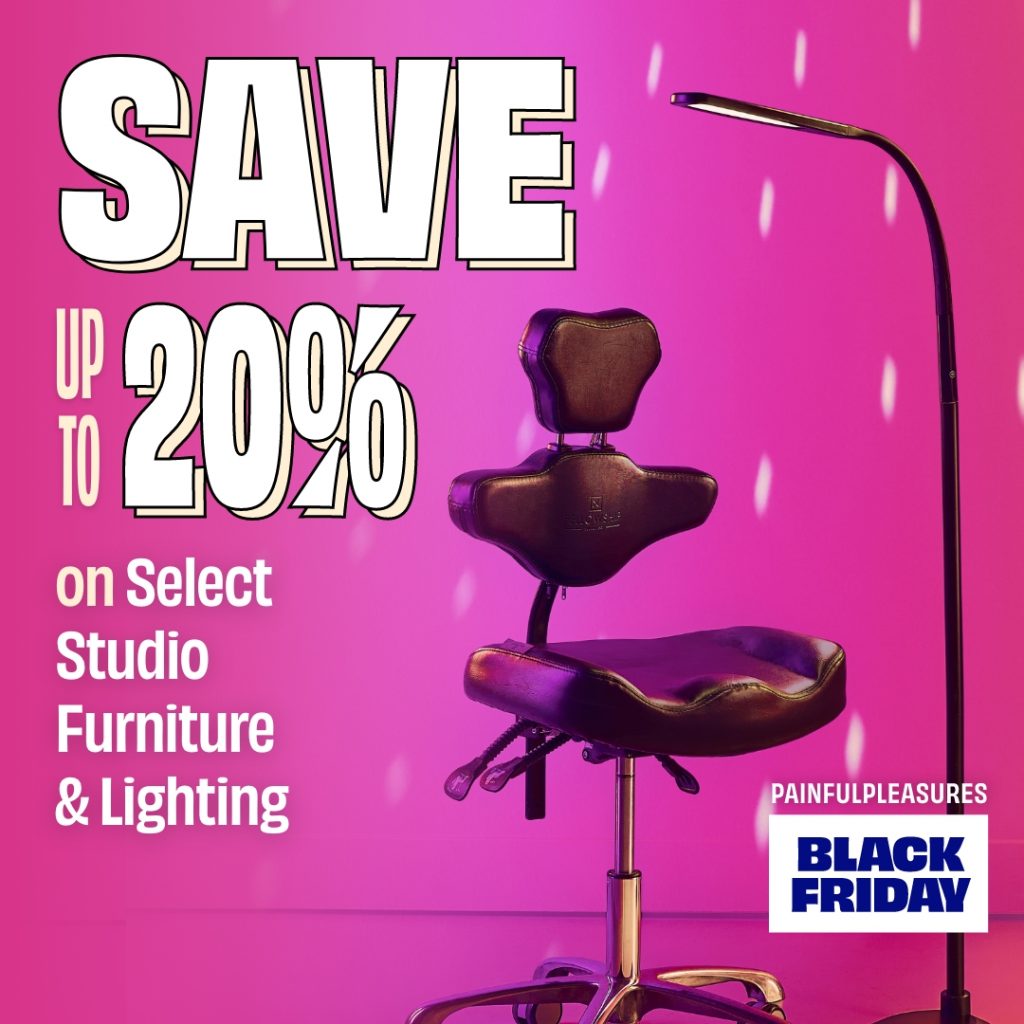 Tattoo artist chair and professional studio light with save 20% promotion over top it
