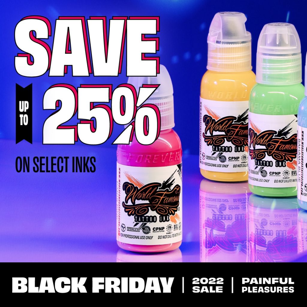 Cluster of World Famous tattoo ink on a purple backdrop with save 25% promotion over top it