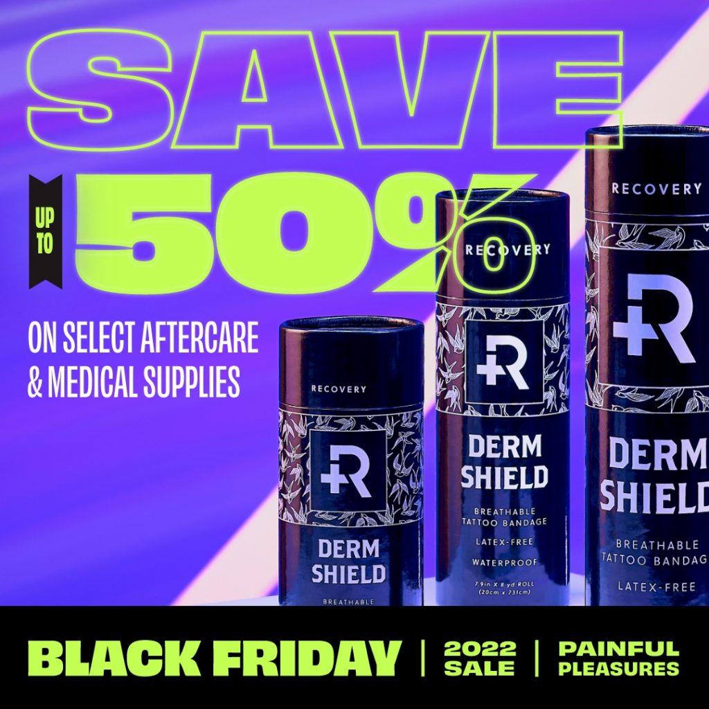 Rolls of Recovery Derm Shield on a purple backdrop with save 50% promotion over top it