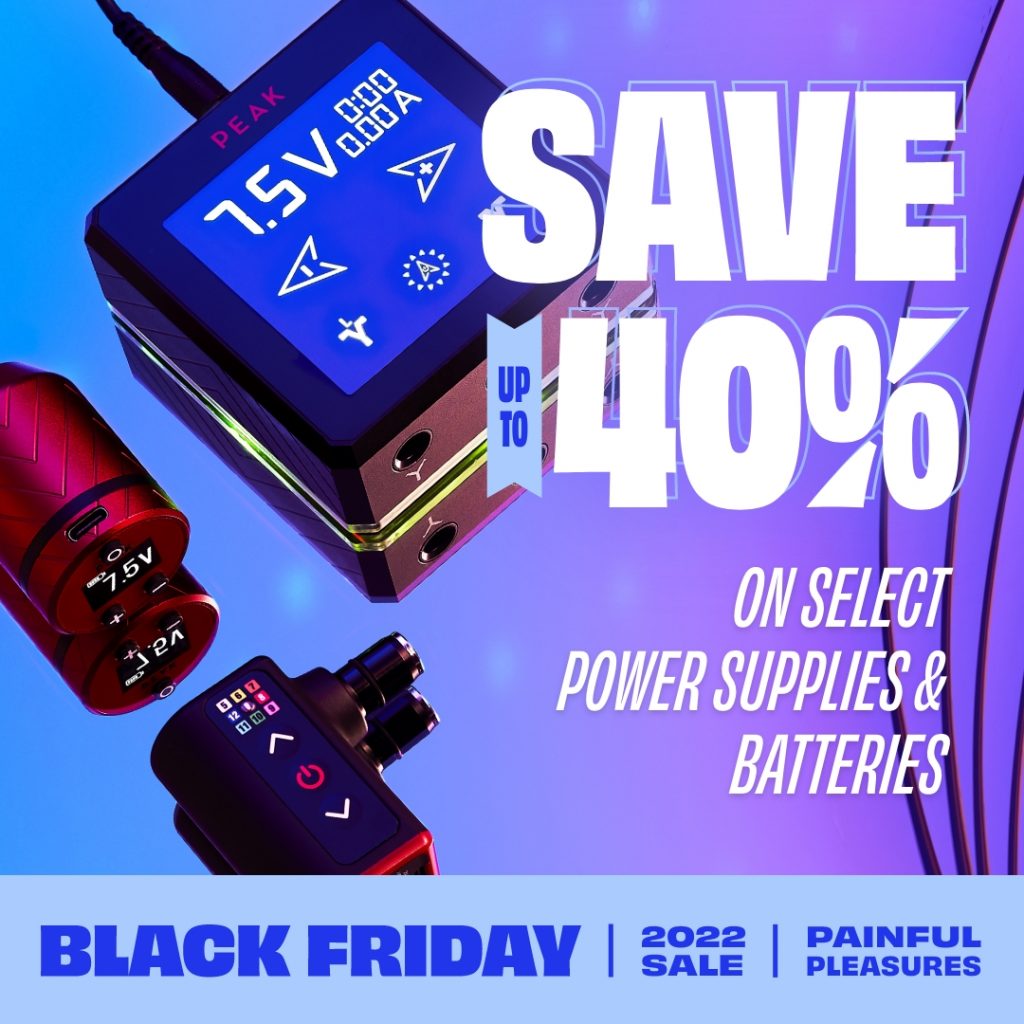 Battery packs and power supplies by Peak and FK Irons on a purple and blue backdrop with save 40% promotion over top it