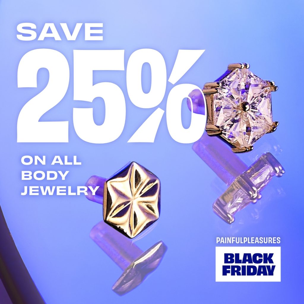 14kt Gold Tilum body jewelry on a reflective surface with save 25% on body jewelry sale promotion over top it