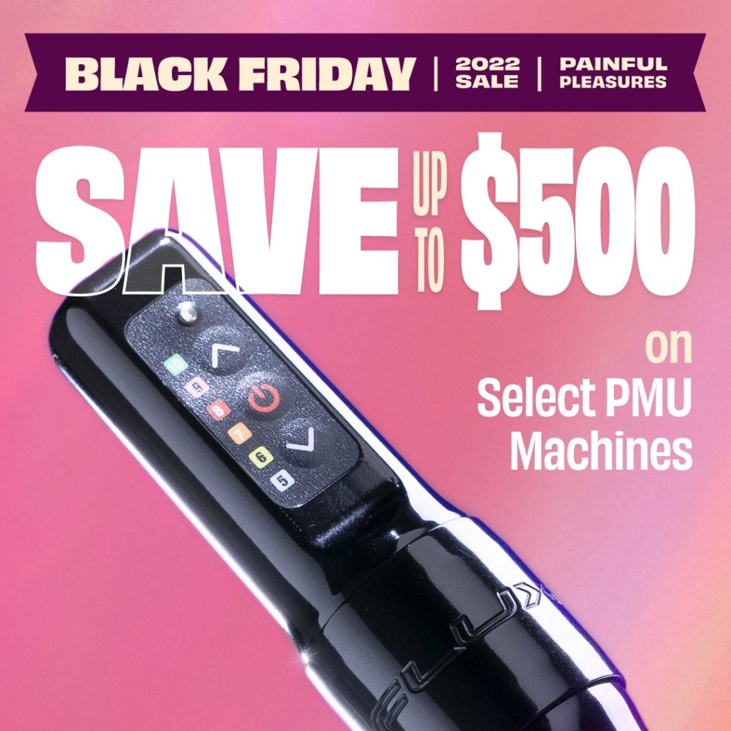 Flux Mini PMU machine on a pink backdrop with Save $500 sale promotion over top it