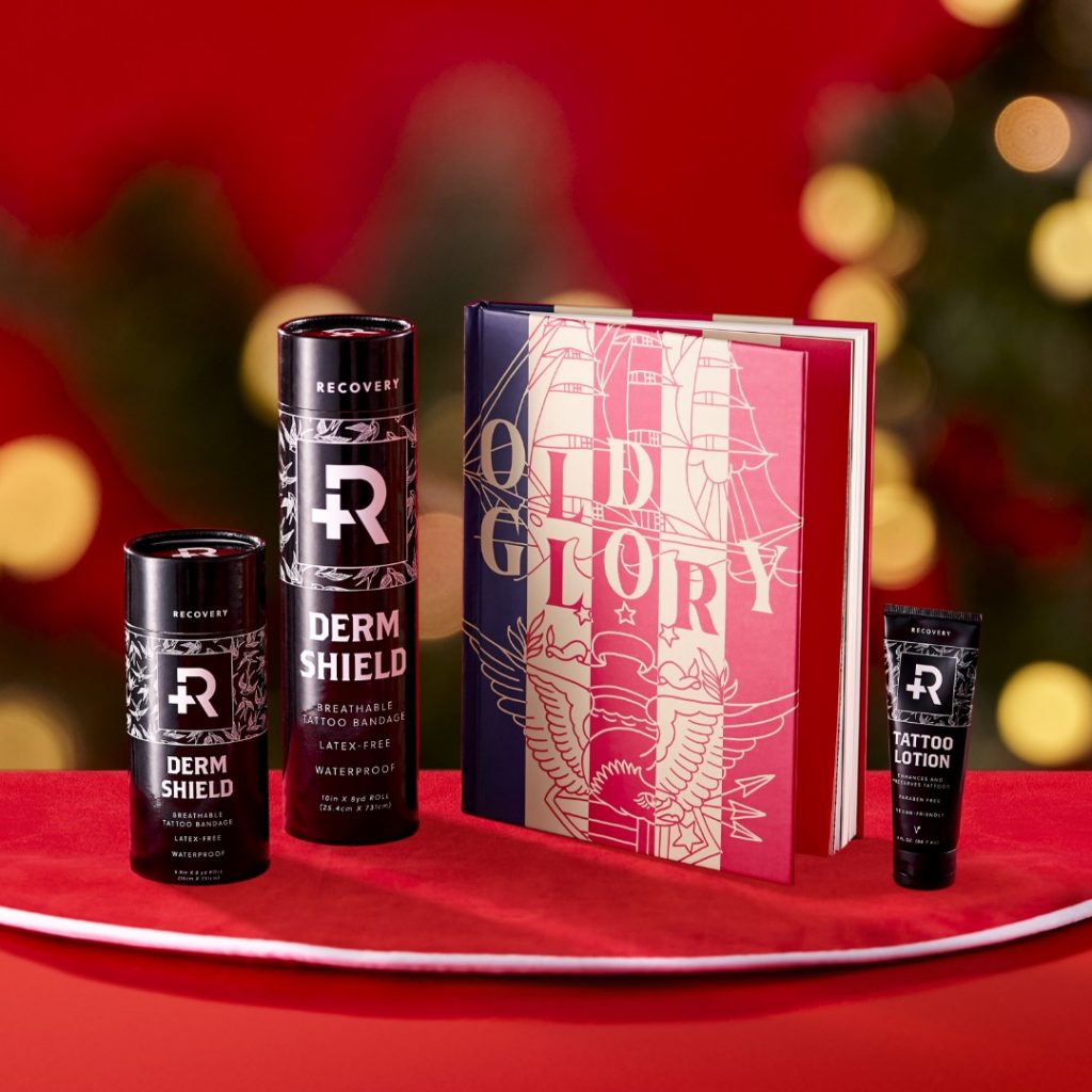 Recovery Derm Shield and Old Glory inspirational book for tattoo enthusiasts