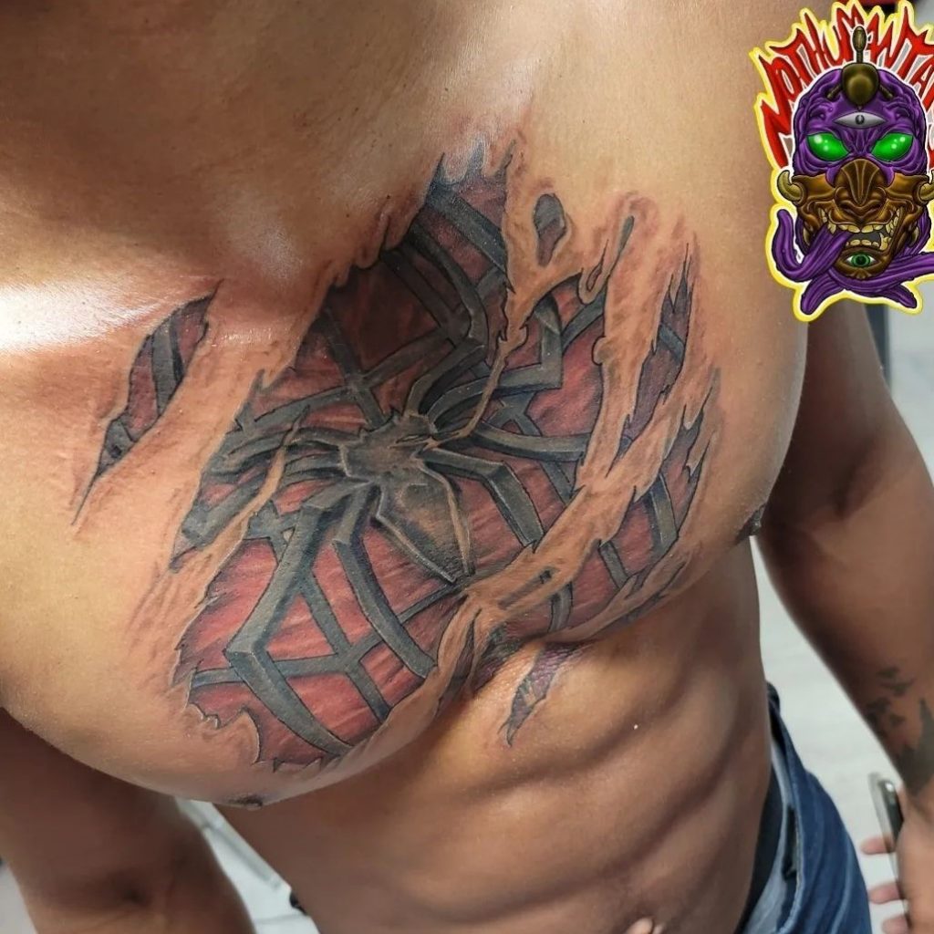 Spiderman chest tattoo by Rodney Savage on a black client