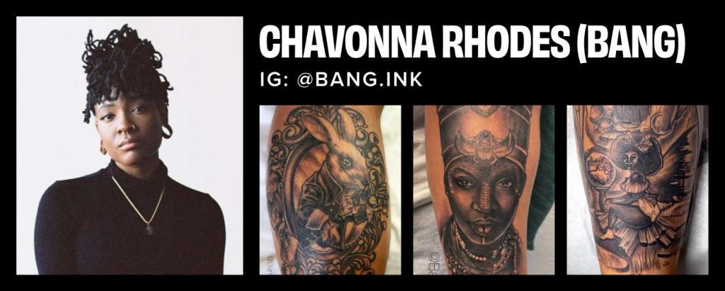 Headshot and collage of tattoos by Chavonna Rhodes