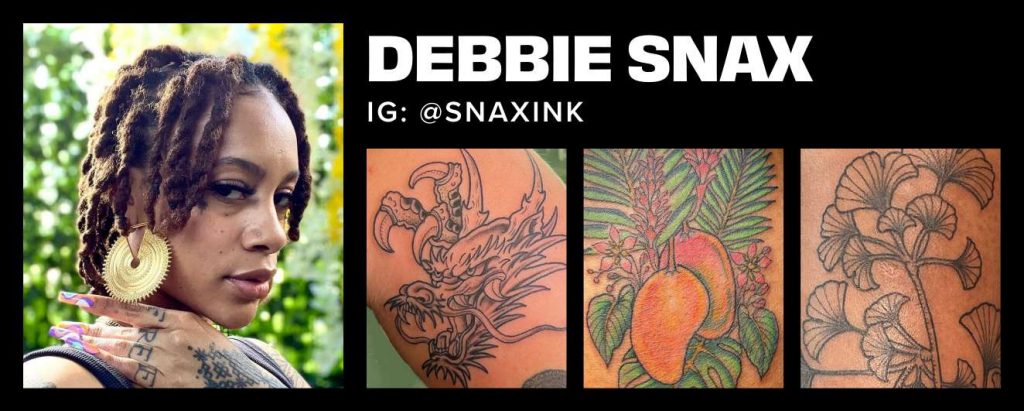 Headshot and collage of tattoos by Debbi Snax