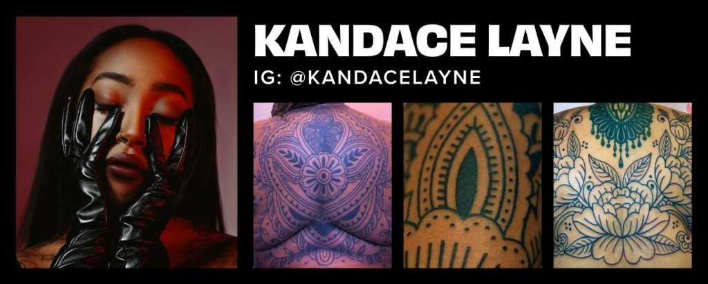 Headshot and collage of tattoos by Kandace Layne