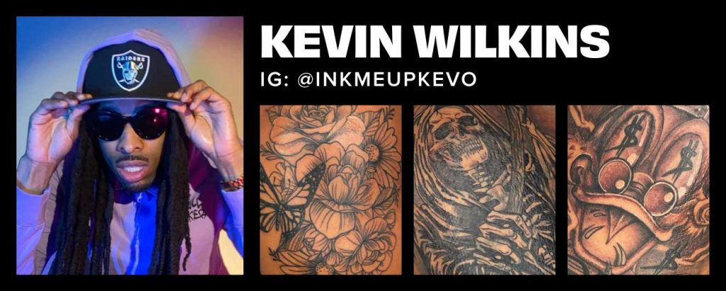 Headshot and collage of tattoos by Kevin Wilkins