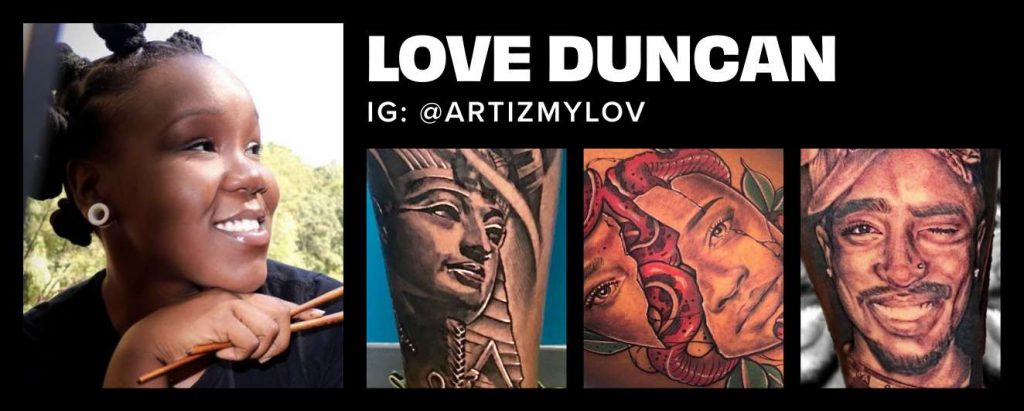 Headshot and collage of tattoos by Love Duncan