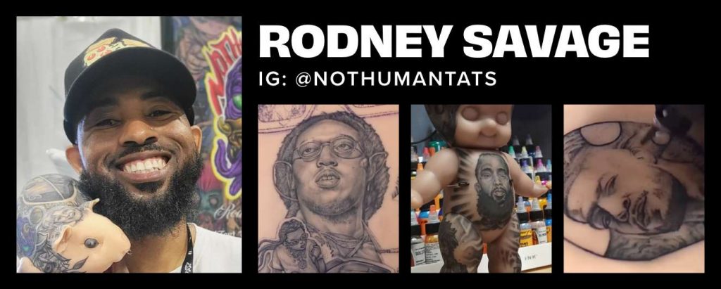 Headshot and collage of tattoos by artist Rodney Savage