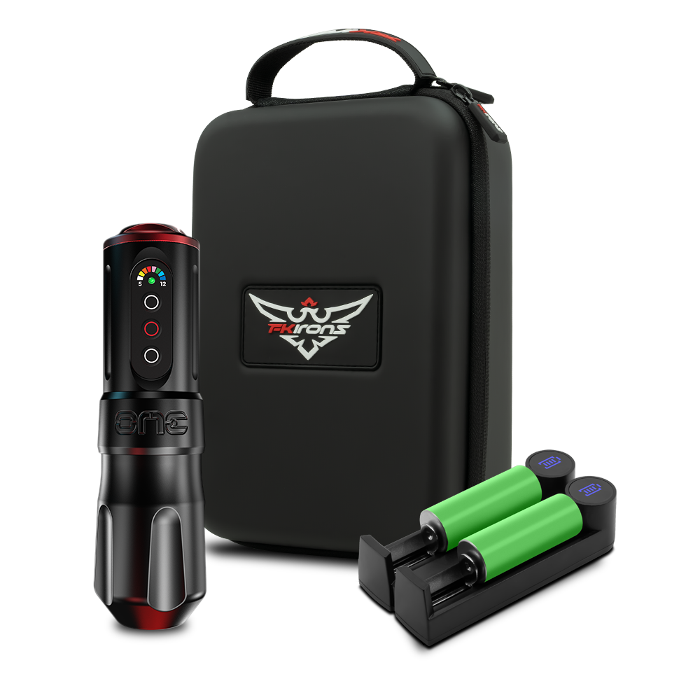 FK Irons ONE machine with travel case, batteries, and battery charger
