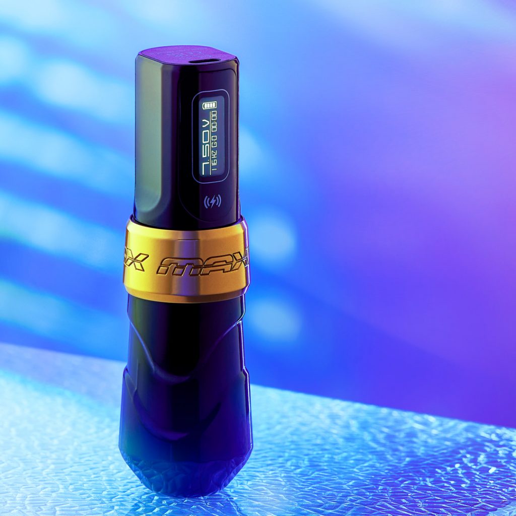 FK Irons Flux Max tattoo machine with a purple and blue backdrop