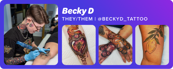 Headshot of Becky D with three images of their tattoos