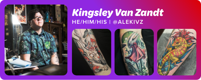 Headshot of Kingsley Van Zandt with three of his tattoos
