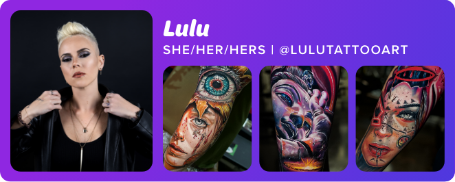Headshot of Lulu with three of her tattoos