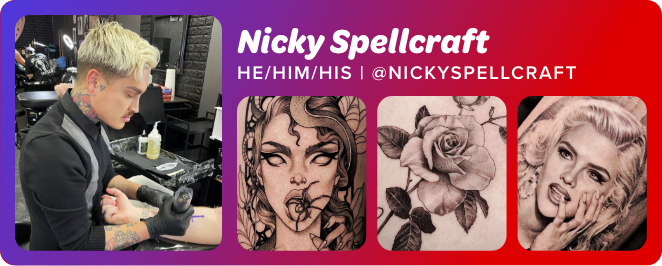 Headshot of Nicky Spellcraft with three of his tattoos