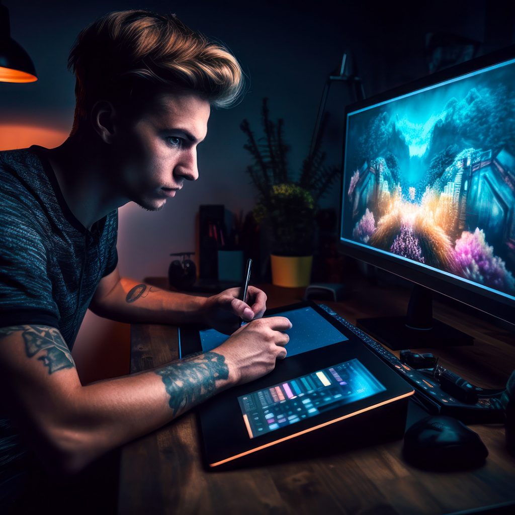 Tattoo artist at large-screen computer working on an image
